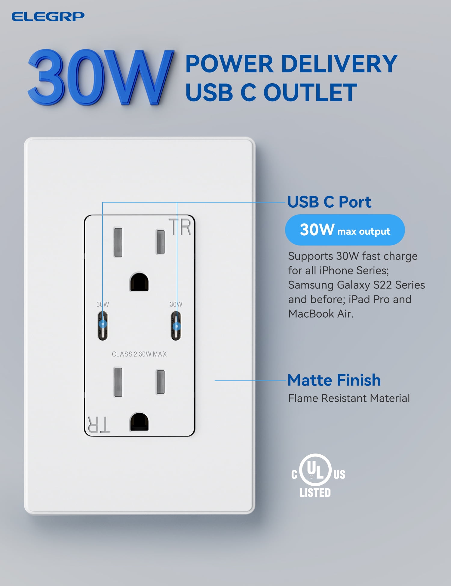 ELEGRP USB Outlets Receptacles, Each USB Port 30W Support Fast Charge Protocols for MacBook Air/iPhone/Samsung/iPad, 20 Amp Outlet with USB C Ports, Wall Plate included, UL Listed
