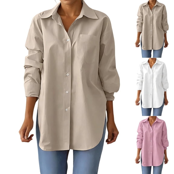 YANGXINX Womens Dress Shirts Long Sleeve Button Down Elegant Free Collared Work Office Solid Blouses Dressy Casual Relaxed Fit Tops