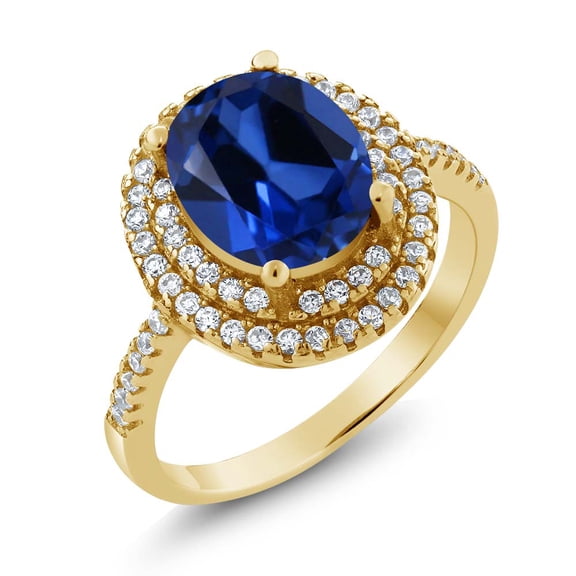Gem Stone King Oval Blue Created Sapphire 4.60 Ct 18K Yellow Gold Plated Silver Ring (Size 6)