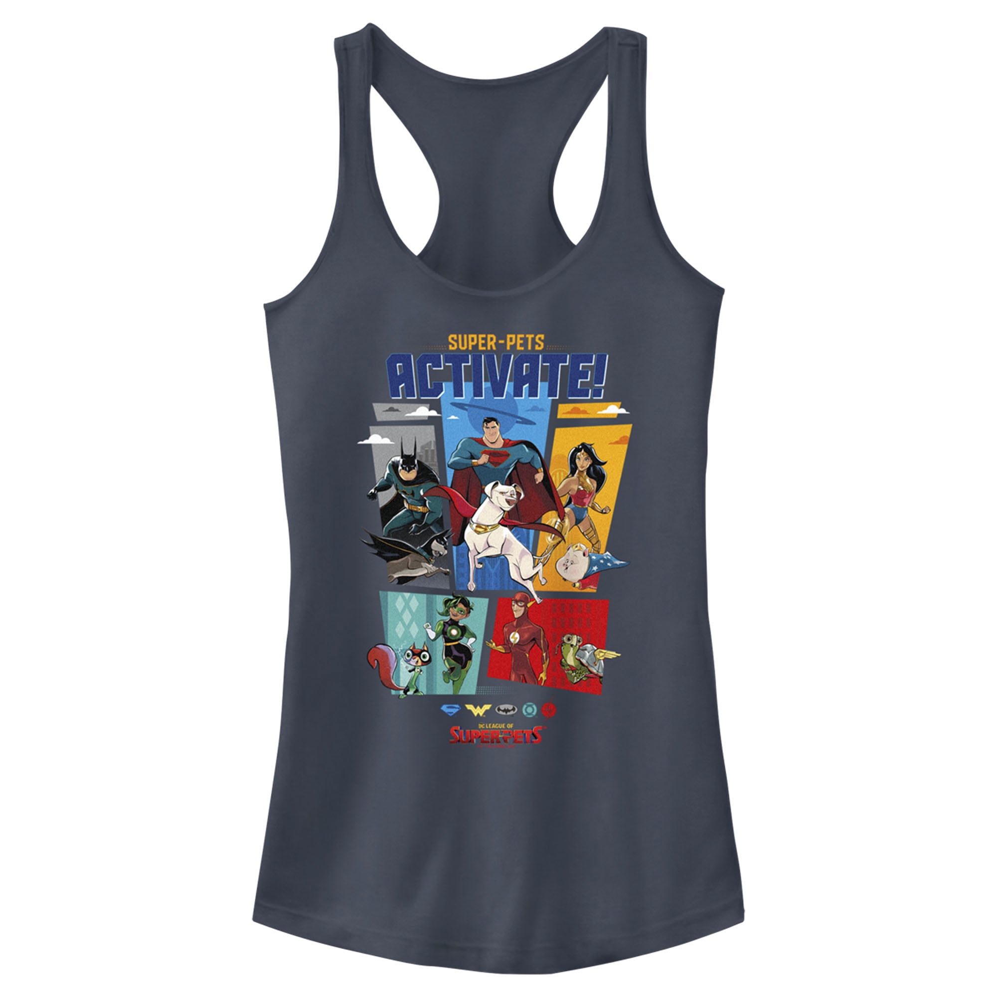 Junior's DC League of Super-Pets Activate Group Panels Racerback Tank Top Indigo 2X Large