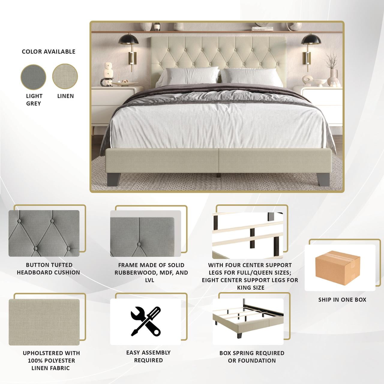 Castle Place Classic Button Tufted Linen Upholstered Bed, Beige, Full