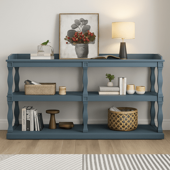 Console Table with 3-Tier Open Storage Spaces And Roman Column Effect Support Legs,Narrow Sofa Entry Table for Living Room, Entryway and Hallway(Navy Blue)