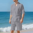 thumbnail image 4 of Purcolt Men's Cotton Linen Two Piece Sets Summer Casual Crew Neck Button Down Shirts Shorts Sweatsuit Loungewear for Beach Party Vacation, 4 of 8