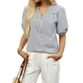 thumbnail image 2 of Womens Short Puff Sleeve Striped Blouses Top V Neck Loose Fit Casual Summer Work Blouses Striped Shirt Dark Blue S, 2 of 9