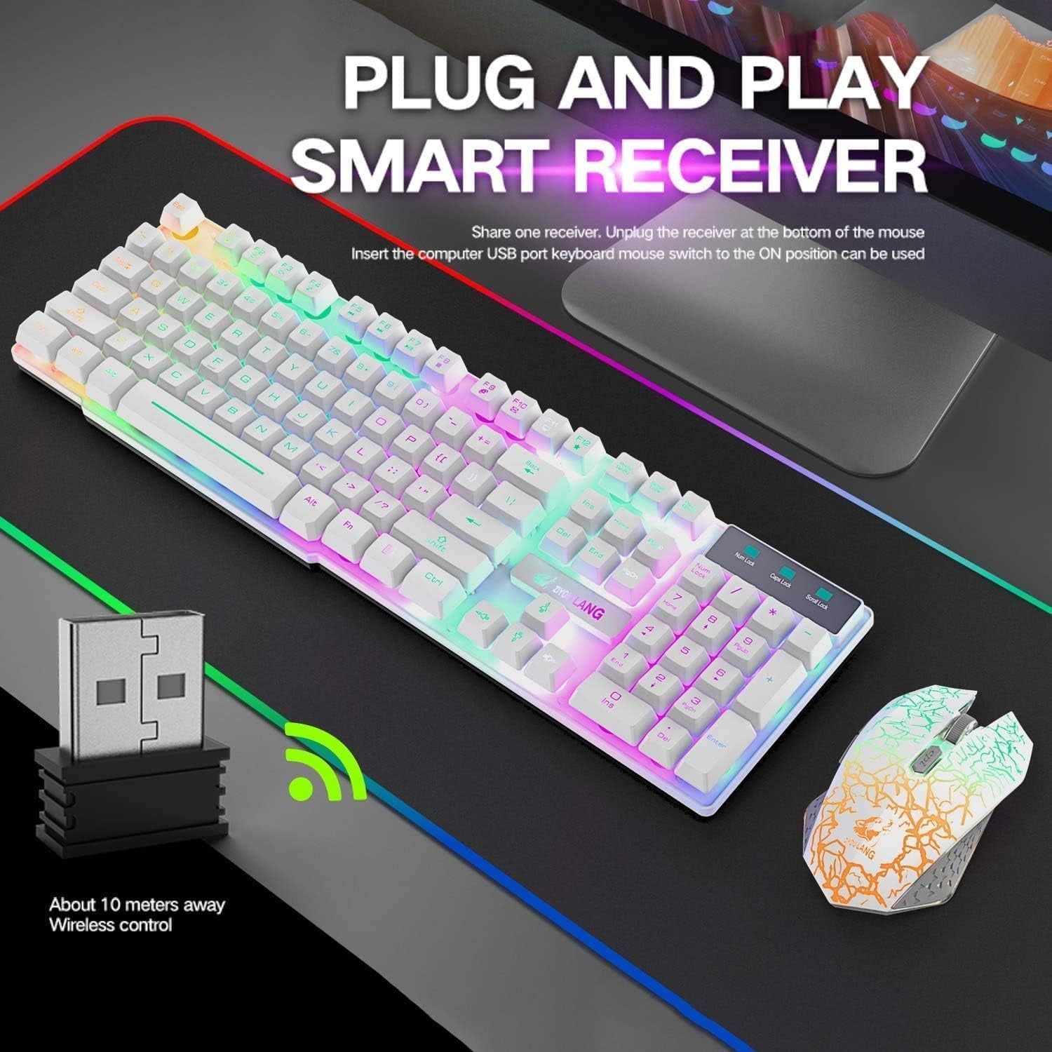 T3 Wireless Gaming Keyboard&Mouse Combo Rainbow Backlit Anti-ghosting with 4000mAh Mouse Pad for Mac