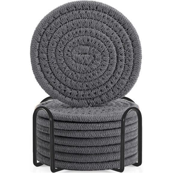 Cotton Woven Absorbent Coasters for Drinks 8 pcs Coasters with Holder Minimalist Home Decor Coaster Set Dark Gray(4.3 in)