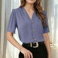 thumbnail image 2 of YUGYXL Women's Dressy Casual Shirts Summer Fashion Solid Color Short Sleeves Button Down V-Neck Office Work Blouse Tops Navy XL, 2 of 6