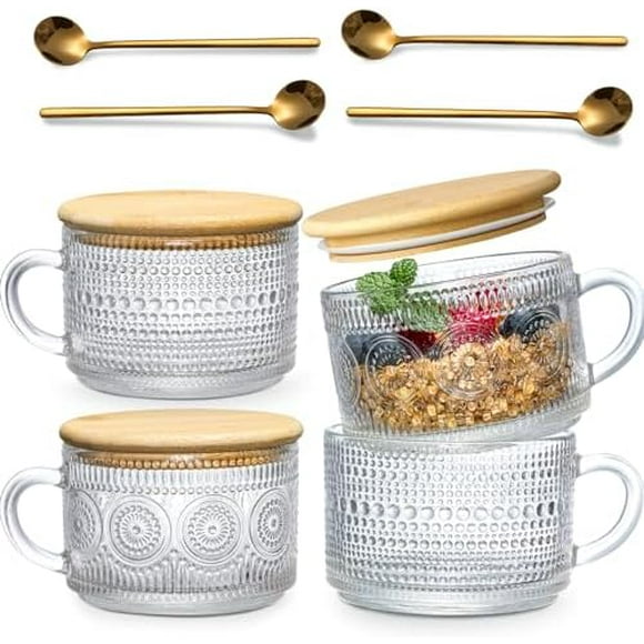 4pcs Set Vintage Coffee Mugs gifts for women, Overnight Oats Containers with Bamboo Lids and Spoons - 14oz Clear Embossed Glass Cups, Cute Coffee Bar Accessories, Iced Coffee Glasses Clear 4 Pack