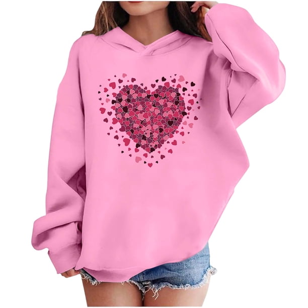 Sudadera con capucha y estampado de corazón de San Valentín, sudadera de manga larga para niños y niñas, chaqueta para niñas de talla mediana y grande.