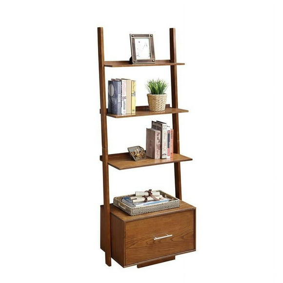 Pemberly Row Ladder Bookcase with File Drawer in Caramel Wood Finish