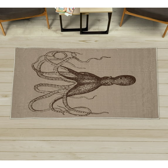 Octopus Decorative Rug, Monochrome Marine Animal Tentacles in Sketch Subaquatic Life Art, Quality Carpet for Bedroom Dorm and Living Room, 6 Sizes, Redwood Cocoa, by Ambesonne