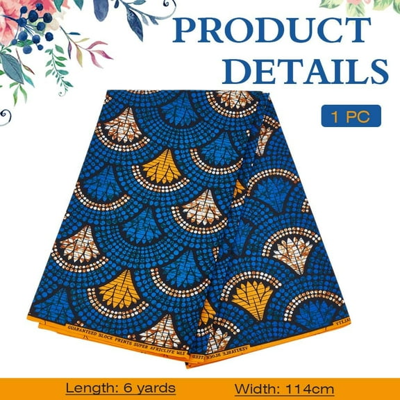6.4 Yards Blue Polyester African Fabric 44.8 Inch African Ankara Print Fabrics Fan Pattern African Wax Prints Fabric for Dresses Shirts Trousers Bags Curtains Tablecloths