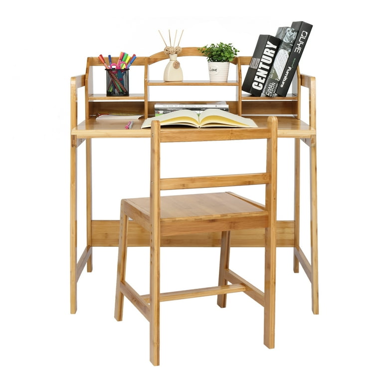 Bamboo Kids Study Desk and Chair Set with Bookshelf | Costway