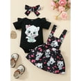 thumbnail image 4 of Baby Girls Dress Set, Cat Print Short Sleeve Romper with Suspender Dress and Headband Summer Outfit, 4 of 10