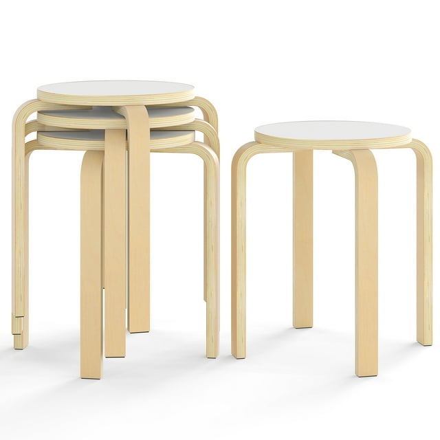 Costway Set of 4 18" Stacking Stool Round Dining Chair Backless Wood Home Decor White