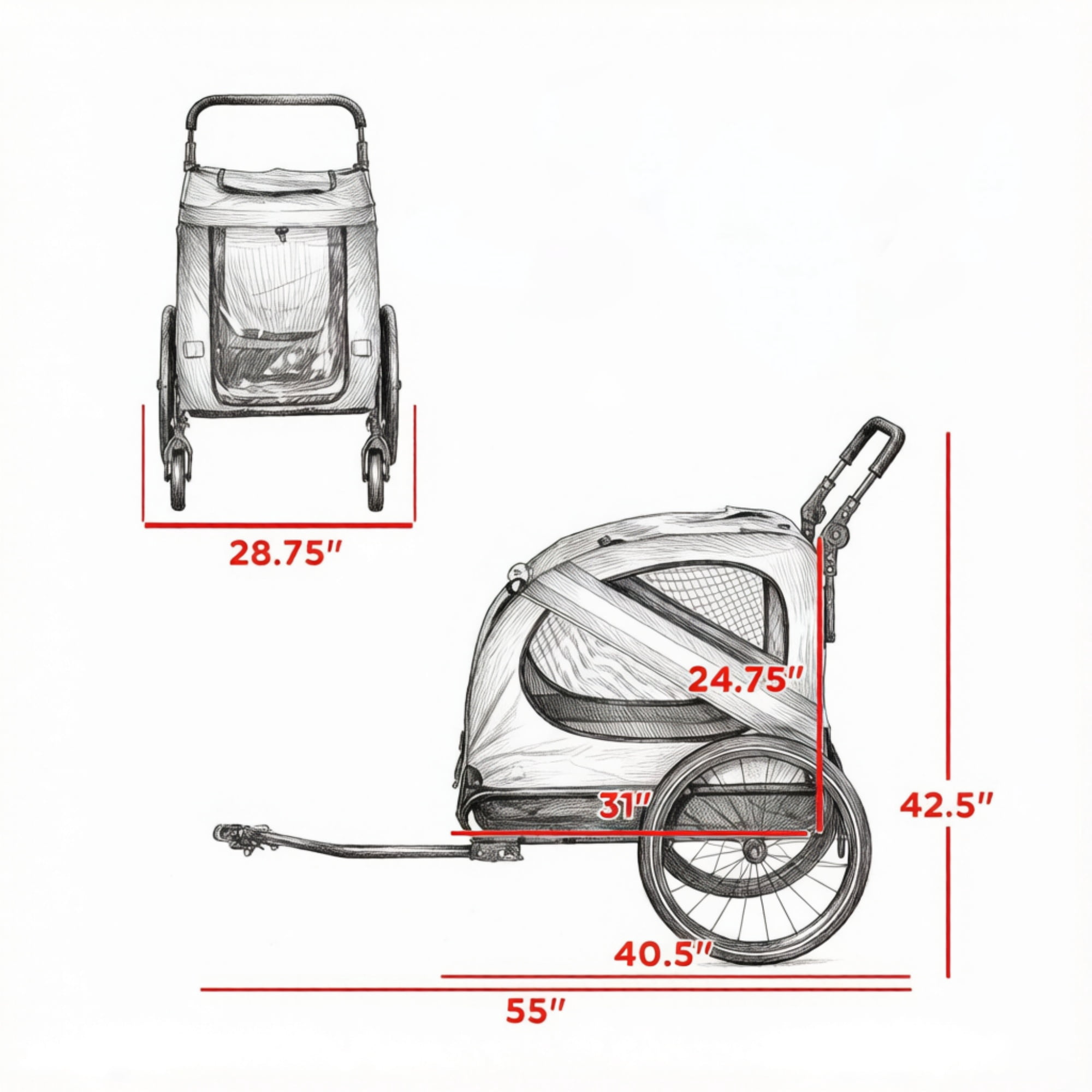 2-in-1 Red Dog Bicycle Trailer, Road-Visibility Reflectors, Weather-Strong Cover, as Pet Outdoor Travel Essential for Hiking Routes