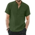 thumbnail image 2 of Mens T-shirts Men Spring And Summer Solid Color Casual Linen Stand Collar Plus Size Beach Vacation Short Sleeve Shirt Top Shirt And Set Men French Set 8 Casual Tee Full Sleeve Polyester Green 3XL, 2 of 7