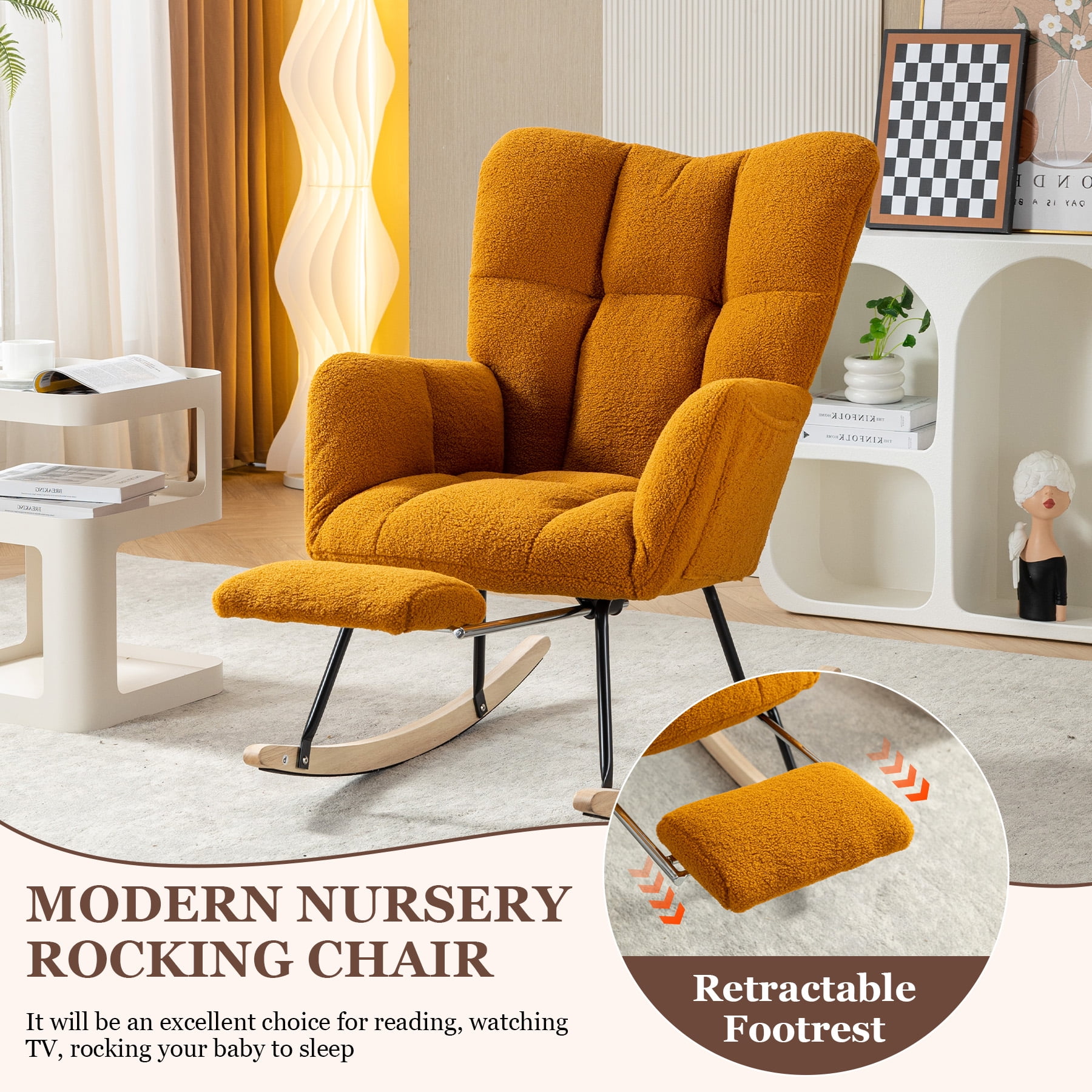 WIILAYOK Rocking Chair with Foot Rest,Teddy Upholstered Glider Chair with High Back Side Pocket Accent Rocker Arm Chair for Living Room Bedroom Office,Caramel