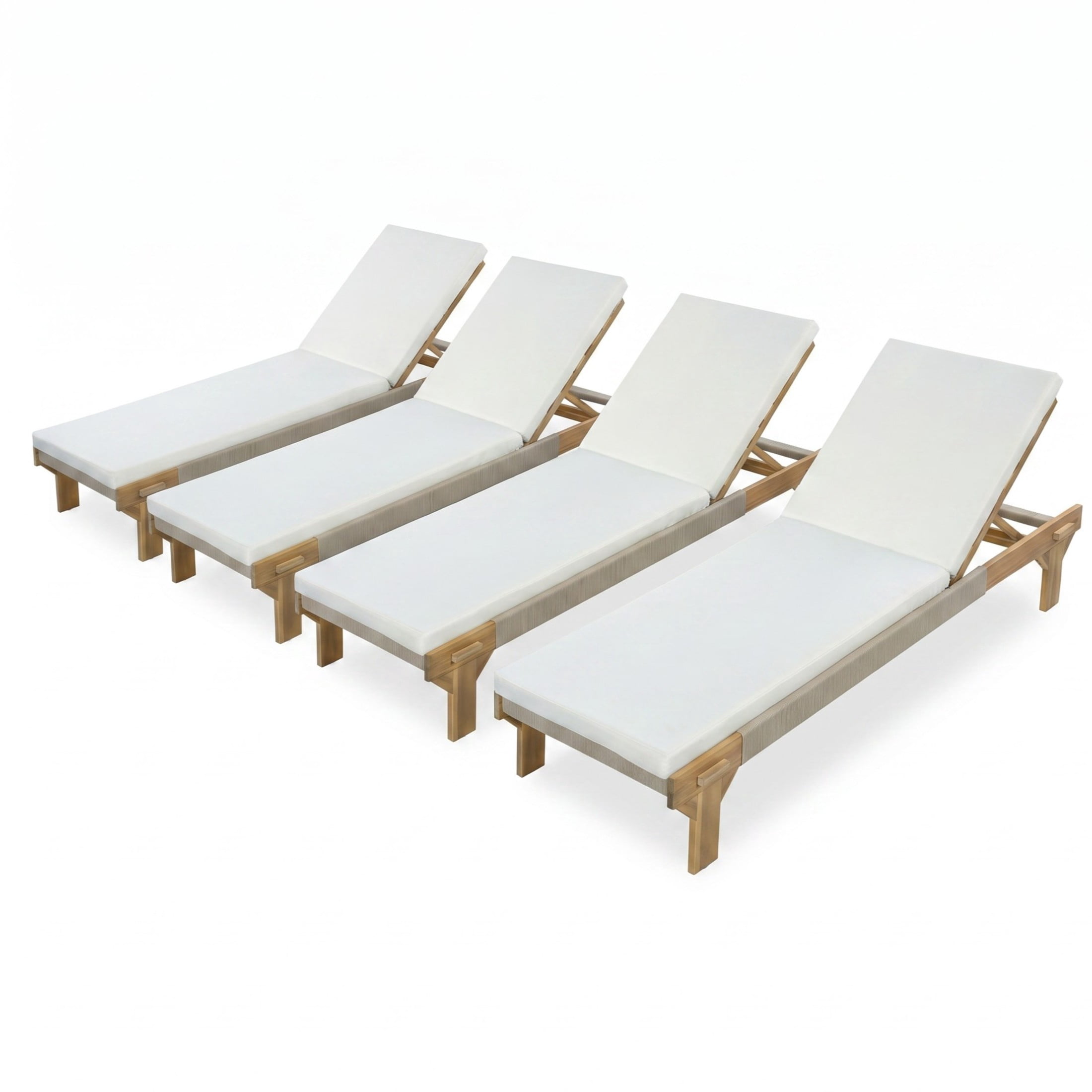 Christopher Knight Home Outdoor Acacia Wood Chaise Lounge with Rope Accents and Cushion, Light Teak+Cream, Set of 4