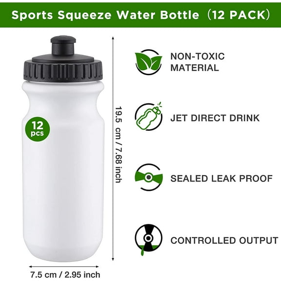 12 Pack Sports Squeeze Water Bottles 20 oz with Easy Open Push/Pull Cap