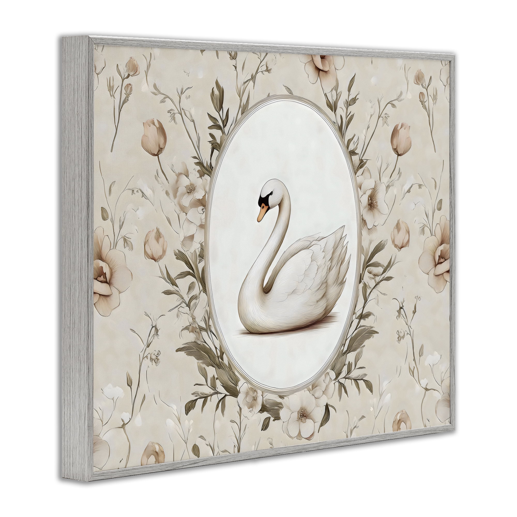 Stupell Industries Swan Vignette in Floral Border Gray Framed Giclee Art, design by Arlington Prints