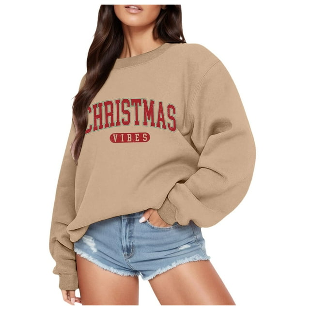VBARHMQRT Chandails à Capuche Zippés pour Femmes Chandail à Manches Longues Col Rond Imprimé de Noël Léger