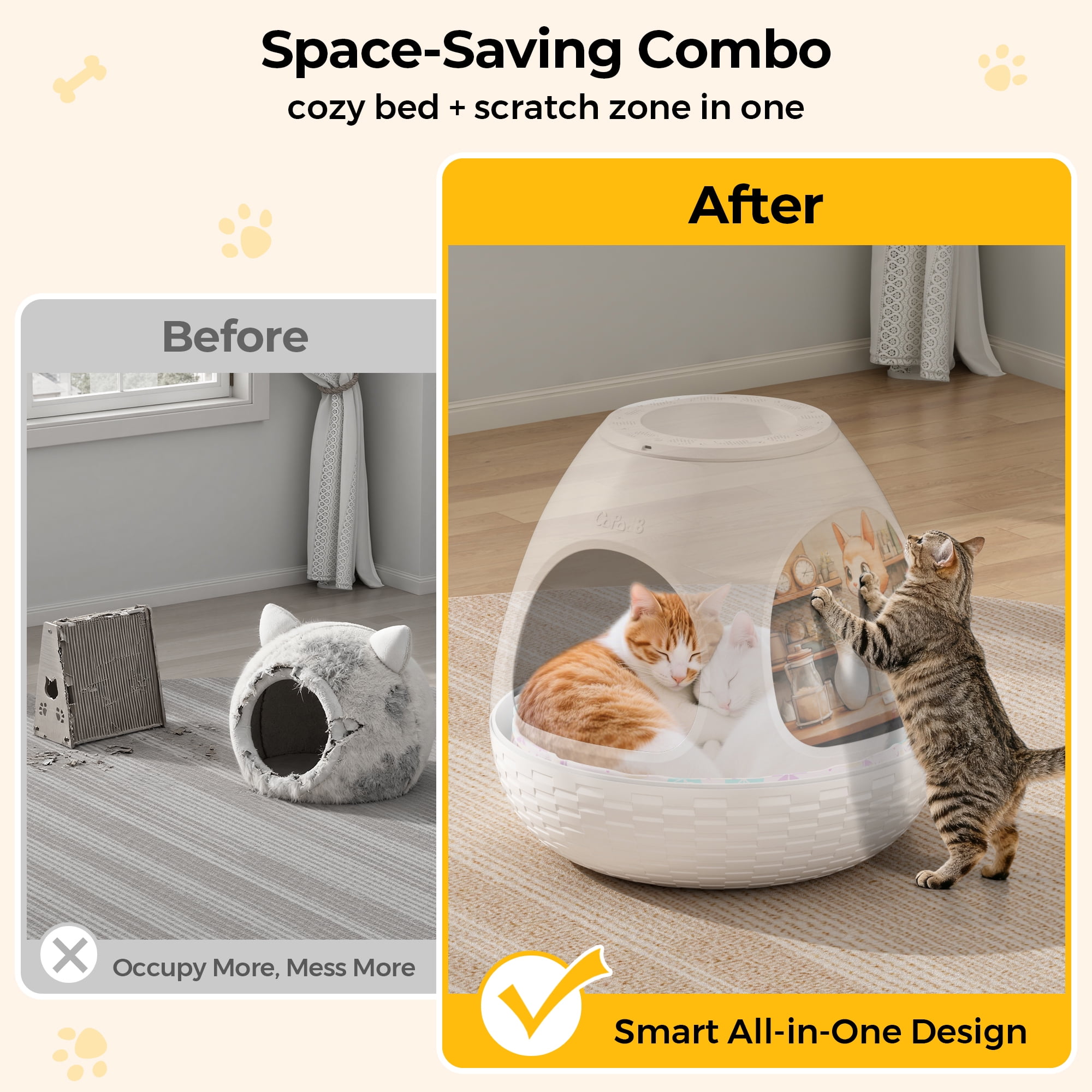 Jaxpety 4-in-1 Cat Bed for Indoor Cats, Large Cat House with Cat Scratcher, Odor Control & Plant Pot Design, Enclosed Cat Cave for Kitten & Adult Cats,White