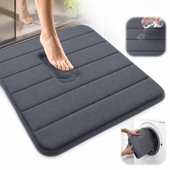 Small Memory Foam Bath Mat 24x16 Inch, Ultra Soft Absorbent Non-Slip Bathroom Rug , Machine Washable Shower Mats for Bathroom Floor, Sink & Tub Side , Quick-Dry Dark Grey Bath Carpet