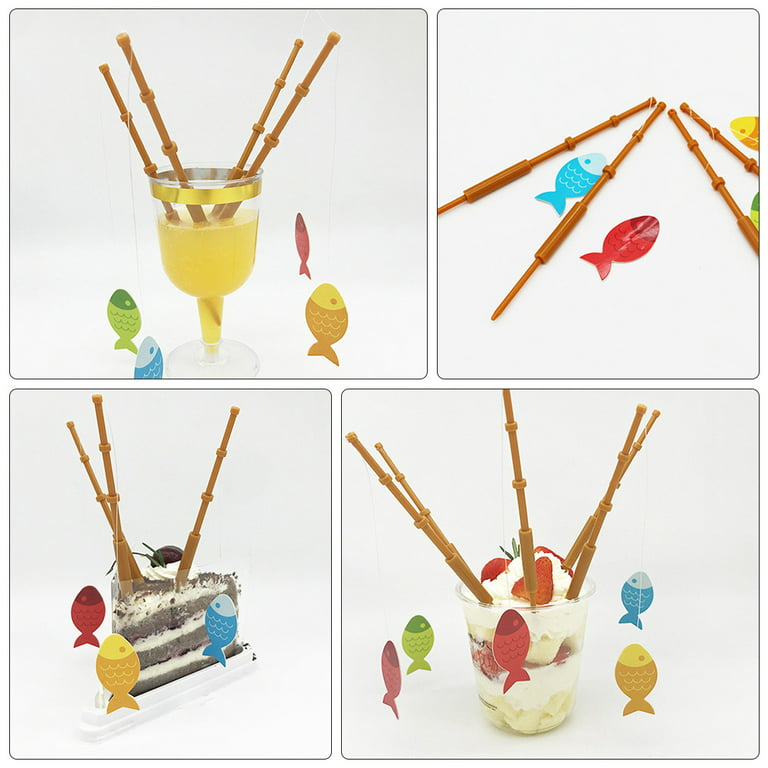 16 Pcs Fishing Rod Cake Insert Toys for Girls Beach Toys Cake Ornament  Paper Cups Fish Rod Cupcake Toppers Child 