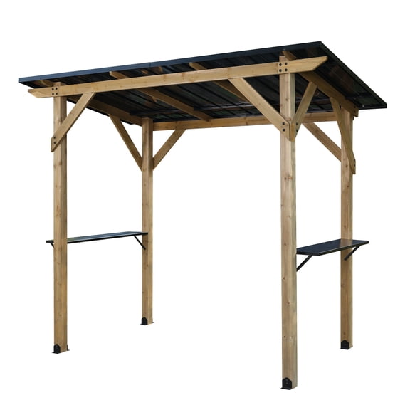 Aoodor 8' x 5' Wooden Grill Gazebo,  Outdoor Hardtop Gazebo with Sloping Metal Roof and 2 Side Shelves, Fits Most Grills, BBQ Canopy for Patio, Backyard, Lawn, Deck