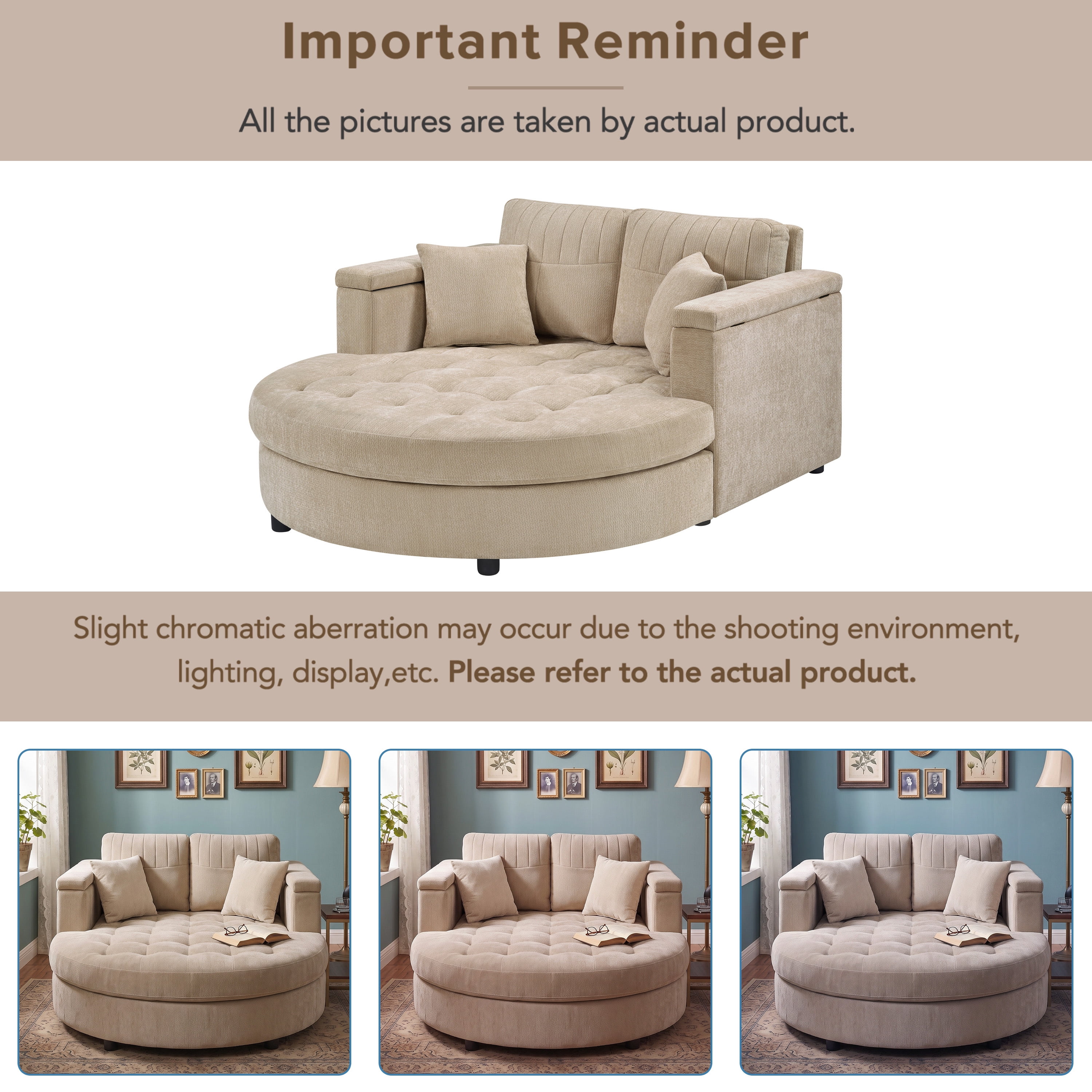Euroco 66.9" Oversized Chaise Lounge Chair Indoor,Cloud Plush Chenille Floor Sofa Bed with Deep Seat,Storage Arms & Removable Pillows,Modern Upholstered Sofa Couch for Living Room,Khaki