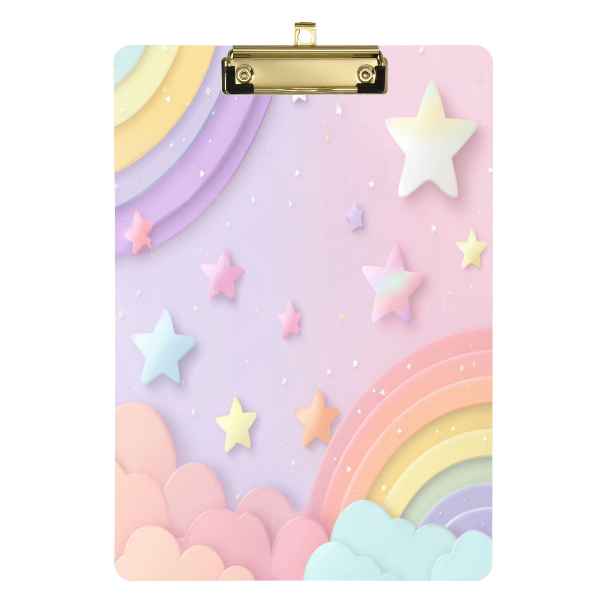 12.5 x 9 Acrylic Clipboard with Gold Clip & Retractable Hook for Office Classroom Home Rainbow Stars and Cloud Pattern