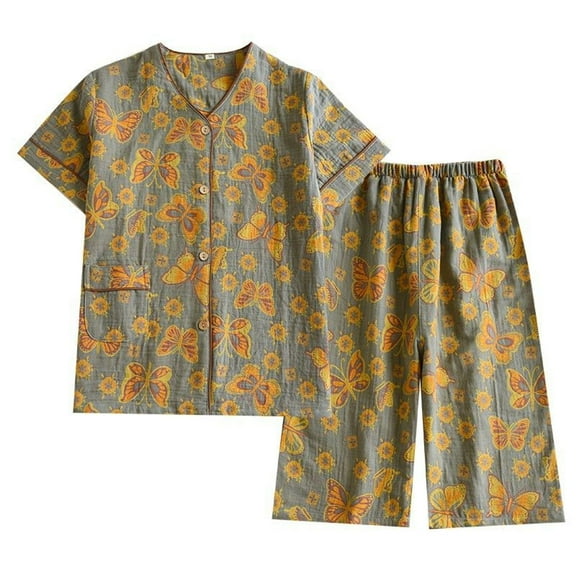 SWSMCLT Women's Capri Pajama Set Short Sleeve 100 Cotton Button Down Pj Sleepwear Boyshorts Cool Elastic Band Nightwear Loungewear Grey Small-Medium