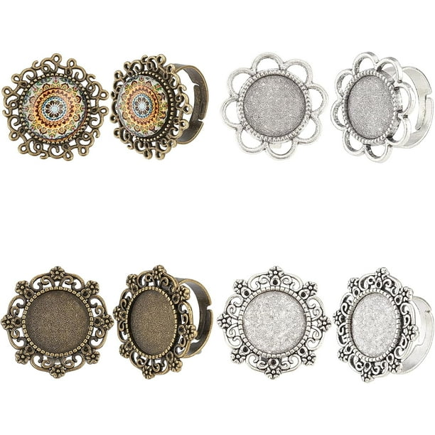 16 piezas de 4 estilos de anillos de dedo en blanco ajustables, base de anillo de flor vintage, base plana, cabujón, ajustes de anillo, plata, bronce, manualidades para mujeres adultas.