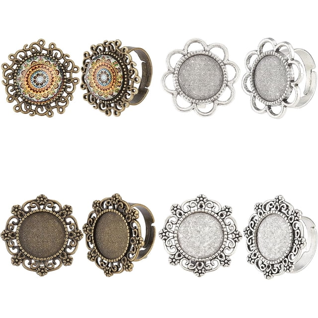 16 piezas de 4 estilos de anillos de dedo en blanco ajustables, base de anillo de flor vintage, base plana, cabujón, ajustes de anillo, plata, bronce, manualidades para mujeres adultas.
