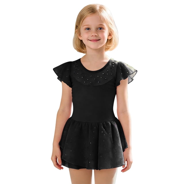 Girls Ballet Romper Sparkly Skirt Short Sleeve Dance Practice Performance Leotard