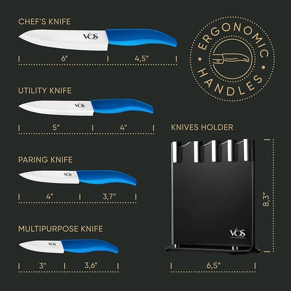 Ceramic Knife Set with Block, Ultra Kitchen Knives 4-Piece Set Blue Handles Dishwasher Safe Lightweight Chef Utility Paring Multipurpose