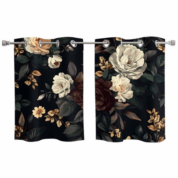 Vintage Black Floral Kitchen Curtains Small Short 39 Inch Length, Spring Seasonal Botanical Blooms Grommet Top Bedroom Living Room Curtains, Light Filtering Cafe Curtain Drapes 2 Panels Set 55''x39''