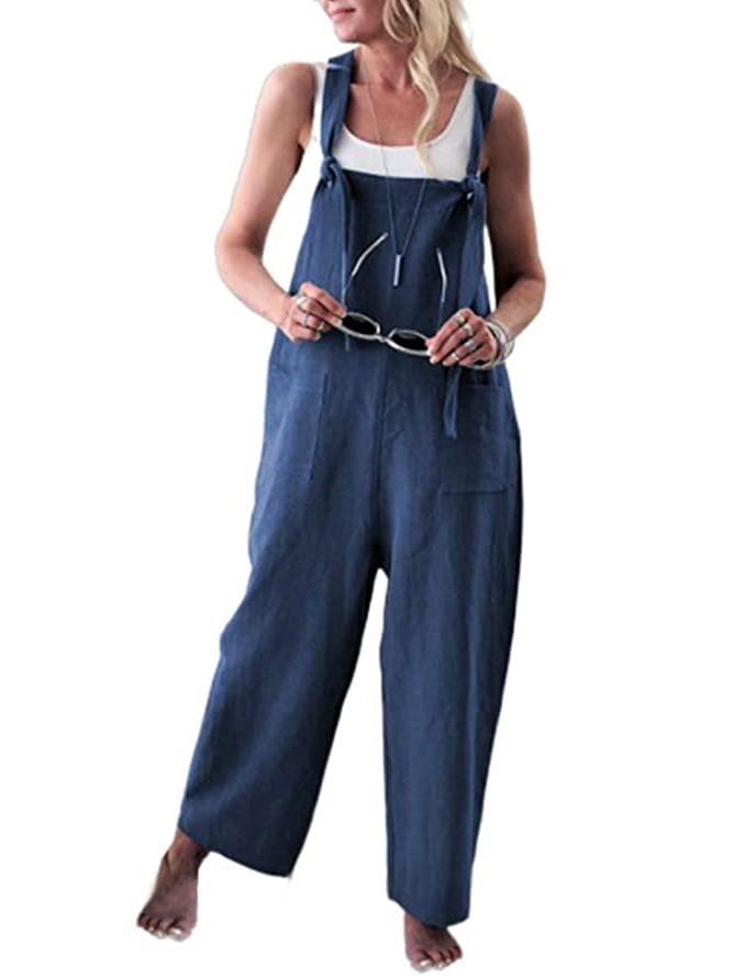 Runstarshow Womens Casual Wide Leg Strappy Bib Rompers Pants Sleeveless Baggy Jumpsuit Dungarees with Pockets
