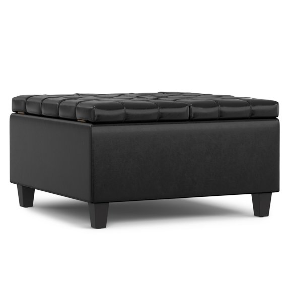 Harrison 30 inch Wide Transitional Square Small Coffee Table Storage Ottoman in Midnight Black Vegan Faux Leather