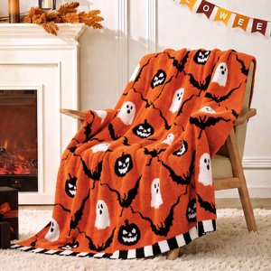 Snuggle Sac Halloween Throw Blanket Soft Reversible Microfiber Jacquard Knit with Pumpkin Ghost and Bat Plaid Orange 50 x 60 Inches