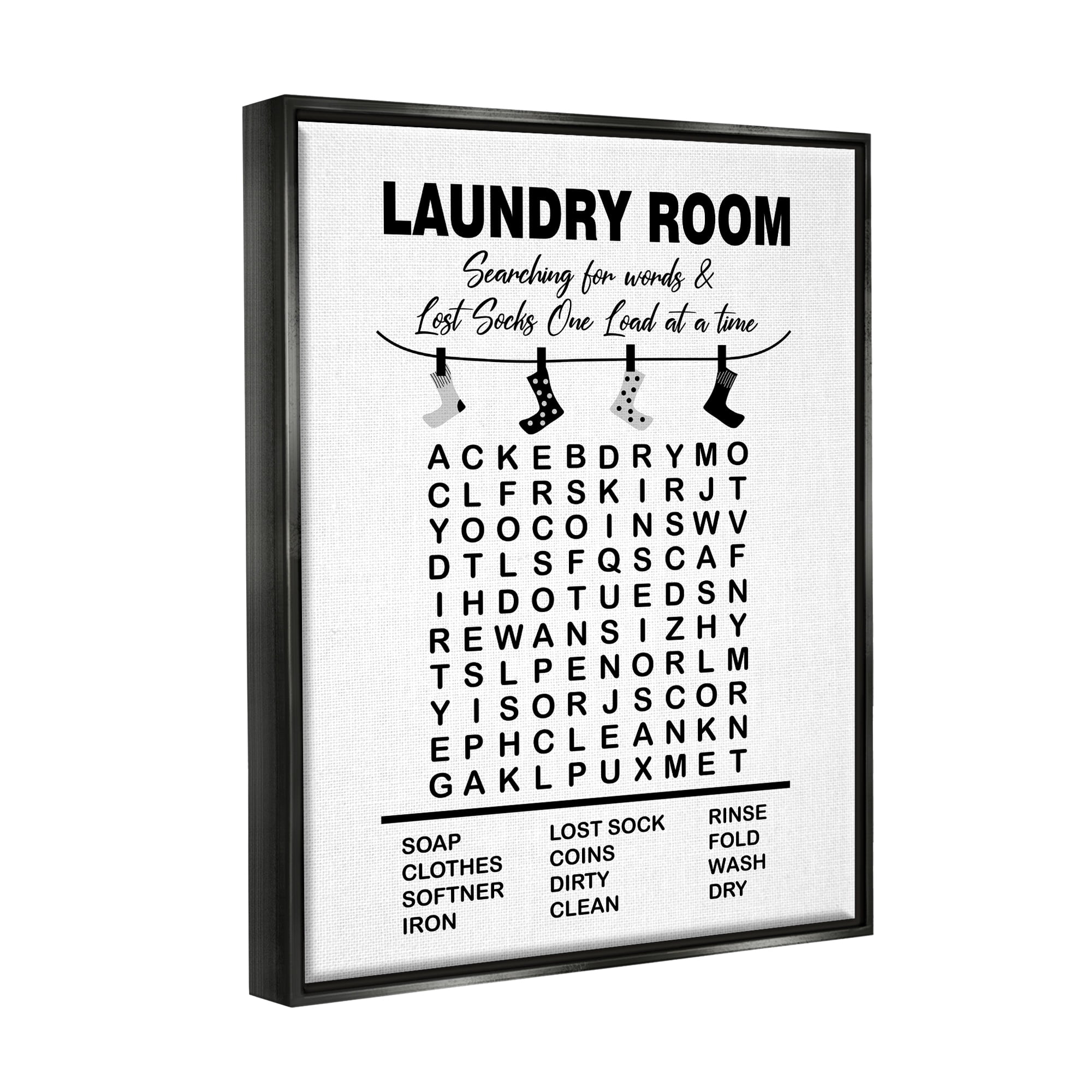 Stupell Industries Laundry Room Word Search Lost Socks Hanging Graphic Art Metallic Gold Floating Framed Canvas Print Wall Art, Design by Lettered and Lined
