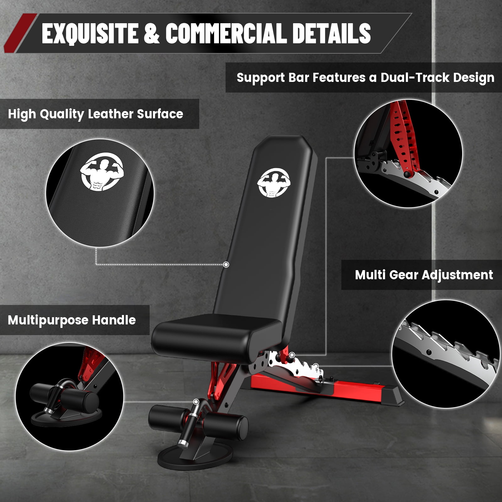 TOSSFD 1200LB Heavy Duty Adjustable Weight Bench for Home Gym -Flat/Incline/Decline, Dual Rail & C-Lock Safety, Wide Padding, Compact Strength Training Bench for Dumbbell Press, Bench Press