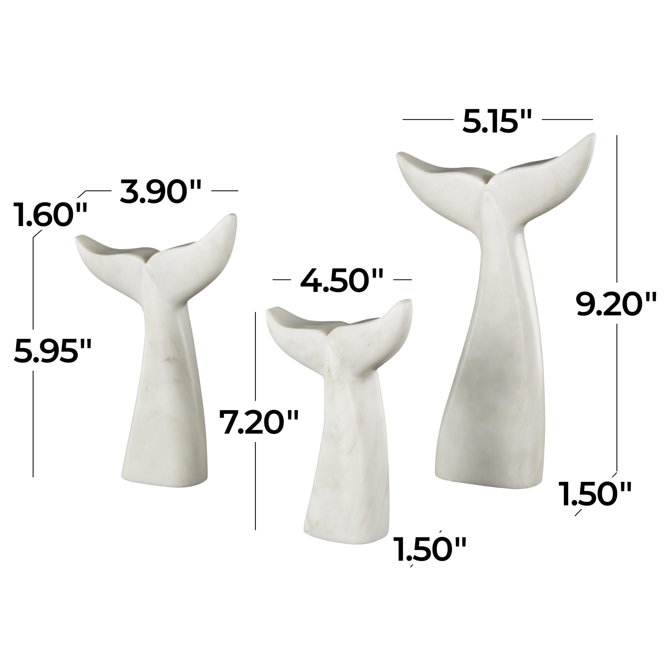 9", 7", 6"H White Marble Tail Whale Sculpture, by DecMode (3 Count)