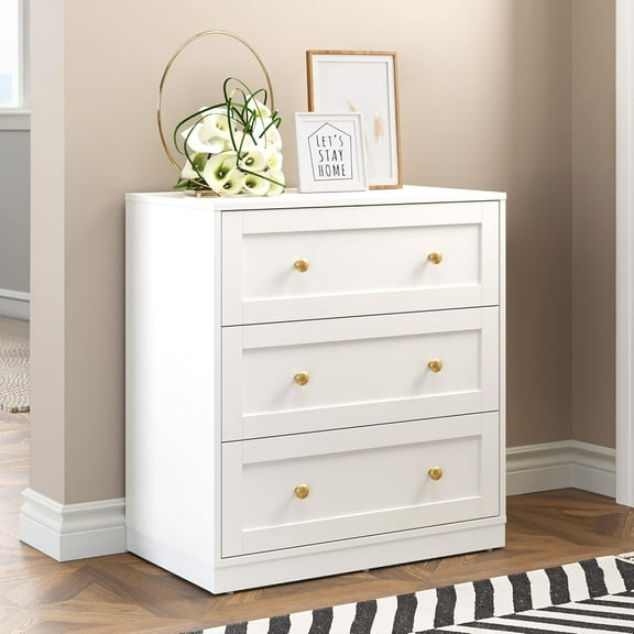 RoyalCraft White 3 Drawer Dresser, Modern Chest of Drawers with Gold Dresser Knobs, Wide Nightstand for Bedroom, Hallway, Entryway, Closets, Living Room