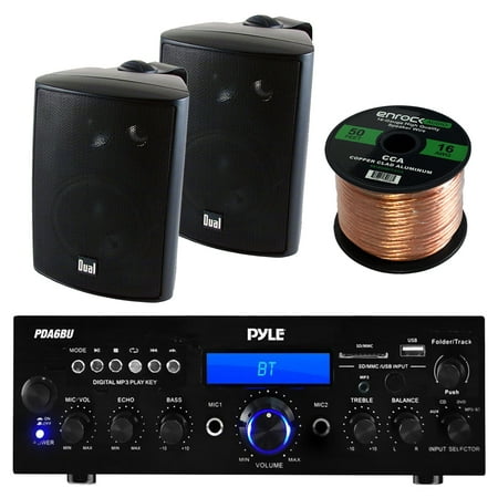 200 Watt Floor Standing Speaker - Pyle PDA6BU Amplifier Receiver Stereo, Bluetooth, FM Radio, USB Flash Reader, Aux input LCD Display, 200 Watt With Dual LU43PB Indoor/Outdoor Speakers Bundle With Enrock 50ft 16g Speaker Wire