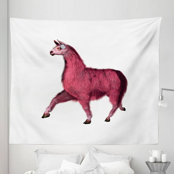 Llama Tapestry, Pink Toned Llama Design with Glasses and Daisy Romantic Jungle Wildlife Illustration, Fabric Wall Hanging Decor for Bedroom Living Room Dorm, 5 Sizes, Maroon Pink, by Ambesonne