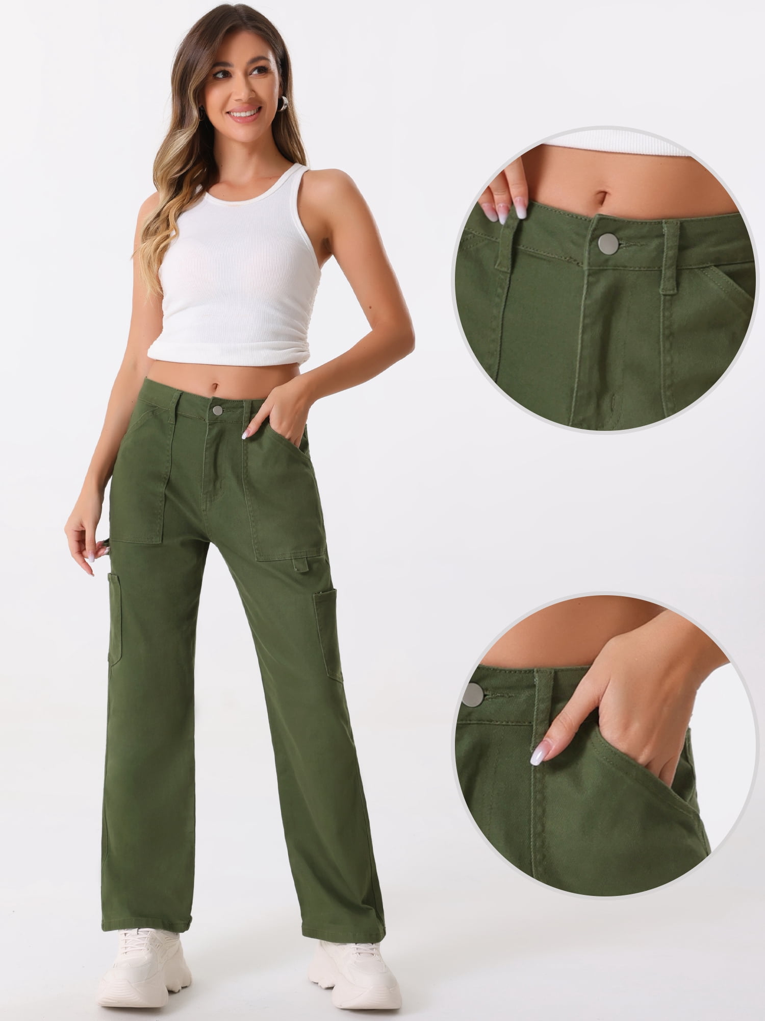 DARING DIVA Women's High Waist Baggy Y2K Street Cargo Pants with Pockets M Dark Green