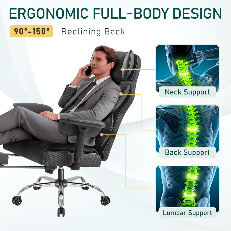 Homall Ergonomic Executive Office Desk Chair 500 lbs Capacity High Back with Footrest Lumbar Support Reclining Adjustable Height & Swivel Wheels,Gray