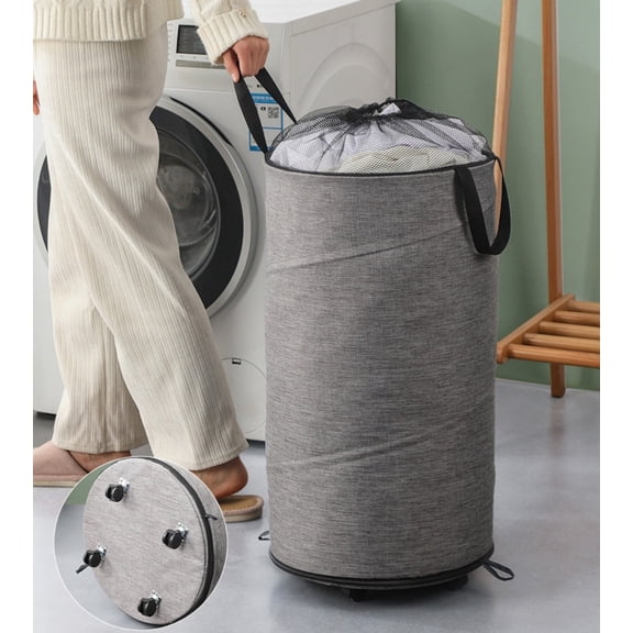 Rolling Laundry Hamper with Wheels, 75L Round Collapsible Oxford Fabric Laundry Basket, Gray